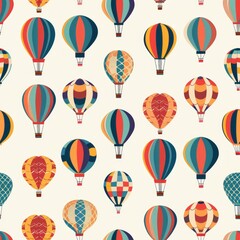 Seamless Patterns for prints | Hot Air Balloon Meadow 2D Illustration: A meadow filled with hot air balloons, each showcasing unique patterns and colors against a clear sky.