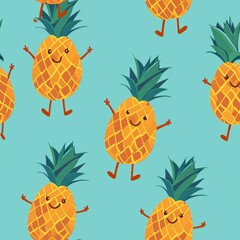 Seamless Patterns for prints | joyful Pineapple Dancer 2D Illustration: An energetic pineapple character dancing with joy, adding a playful touch to the scene.