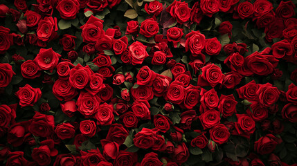 Natural red roses background, flowers wall. Valentine's Day concept. 