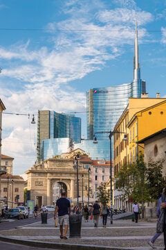 Milan city with the famous Unicredit tower, tallest skyscraper in Italy, headquartered of the international banking group Unicredit with branches in 18 other countries around the world