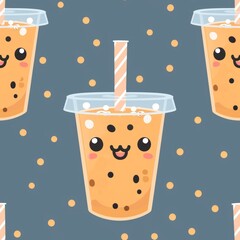 Seamless Patterns for prints | Sweet Bubble Tea Buddy 2D Illustration: Bubbly and cute bubble tea cup character with a straw and smiling face.
