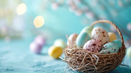  a bird's nest filled with eggs on a blue tablecloth with a boke of lights in the background.