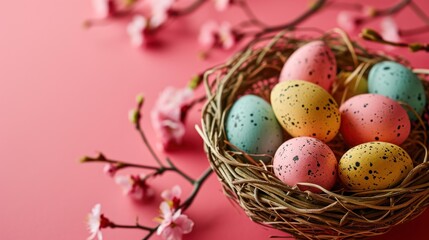 Naklejka na ściany i meble a bird's nest filled with painted eggs on top of a pink surface next to a branch with pink flowers.