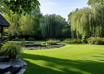 Tranquil Backyard Oasis: Serene Pond and Well-Manicured Lawn Surrounding Willow Trees for Real Estate Inspection and Property Evaluation