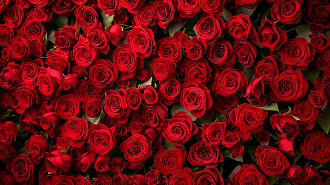 Natural red roses background, flowers wall. Valentine's Day concept. 