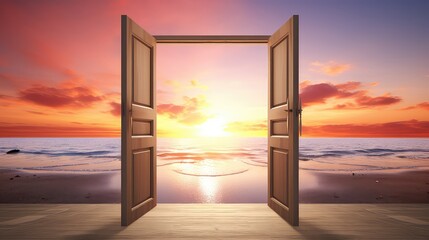Conceptual image of open door leading to the sea at sunset