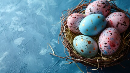  a bird's nest filled with eggs on top of a blue surface with paint splattered on the eggs.