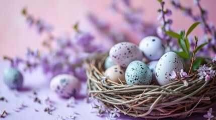 Naklejka na ściany i meble a bird's nest filled with eggs sitting on top of a pile of purple and white speckled eggs.