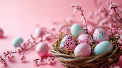  a wicker basket filled with pink and blue speckled eggs sitting on top of a pink surface next to pink flowers.
