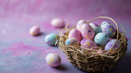  a basket filled with colorfully painted eggs on top of a purple tablecloth next to a pile of eggs.