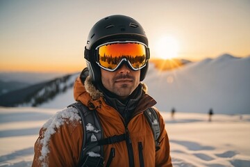 The winter sun casts a warm glow on the snow-covered landscape as a man in full winter gear stands proudly with his snowboard. His helmet and ski goggles reflect the stunning scenery around him.
