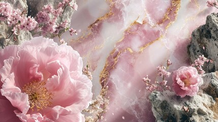  a close up of a pink flower on a marble surface with gold and pink flowers on the left side of the image.