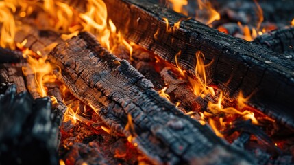  a close up of a fire in a grill with lots of wood and fire and flames coming out of it.