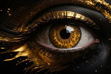 A stunning, high-resolution image of a mesmerizing gold and black eye against a sleek black background, rendered in a bold and dynamic style - obrazy, fototapety, plakaty