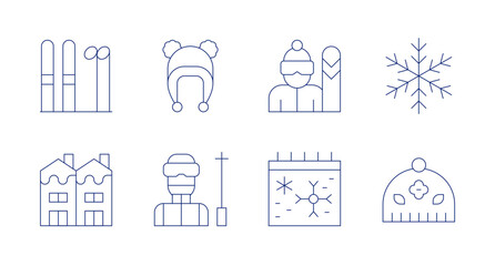 Winter icons. Editable stroke. Containing skiing, cap, winter, snowboarder, ski, beanie, snowflake.