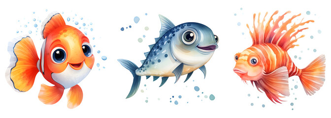 Fototapeta premium Watercolor Cute Aquatic Animals, lionfish, Clownfish, Fish