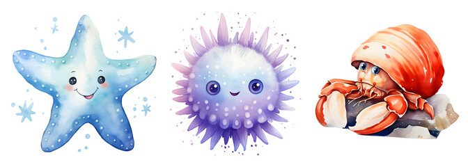 Watercolor Cute Aquatic Animals, Sea urchin, Hermit crab, Starfish