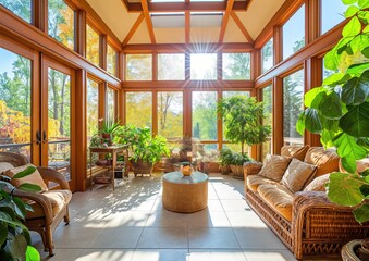 Sunlit Conservatory: Inspiring Real Estate View with Cozy Seating Area & Lush Potted Plants