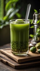 Drinks extracted from green plants arranged on a wooden table