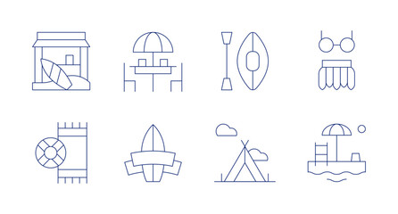 Holidays icons. Editable stroke. Containing stall, canoe, picnic table, hawaiian, towel, camping, surf, beach.