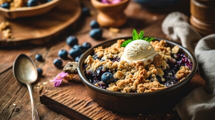  a bowl filled with blueberries and ice cream on top of a wooden cutting board next to a bowl of blueberries.