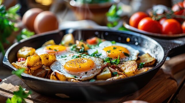  a frying pan filled with fried eggs on top of a wooden cutting board next to a bowl of tomatoes.