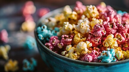  a bowl filled with colorful popcorn sitting on top of a table next to a pile of blue and yellow popcorn.