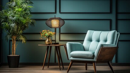 Aqua color armchair next to wooden table in living room interior with poster