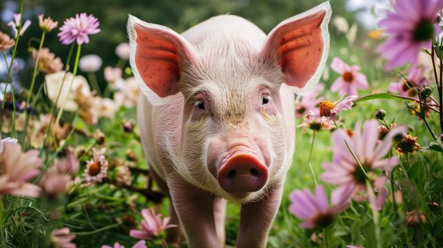  a pig standing in the middle of a field of flowers and daisies with a pink ear tag on it's ear.