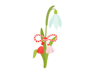 Vector martisor talisman on flower snowdrop,traditional accessory for holiday of early spring in Romania and Moldova. Romanian symbol of spring.