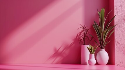  a couple of vases sitting on top of a pink shelf next to a wall with a plant in it.