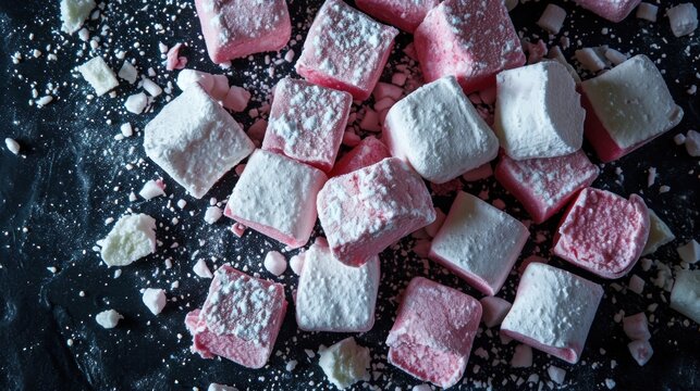  a pile of pink and white marshmallows sitting on top of a black surface with sprinkles.