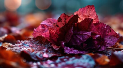  a red and purple flower sitting on top of a pile of leafy green and red leaves with a blurry background.