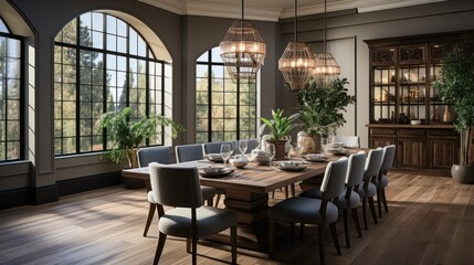 Obraz premium Beautiful Dining Room with Elegant Entrance, Table, Fixtures and lamps in a Luxury Home