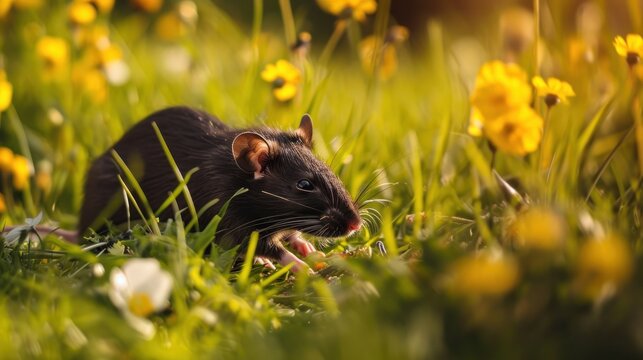  a rat sitting in the middle of a field of grass with yellow flowers in the background and a blurry image of a rat in the foreground.