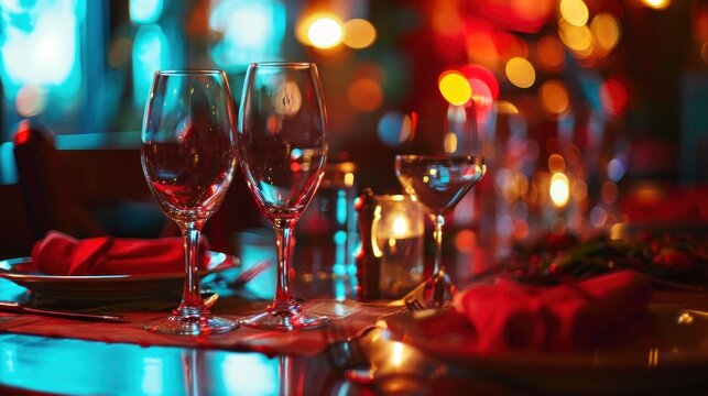  a close up of two wine glasses on a table with a plate of food and a candle in the background.