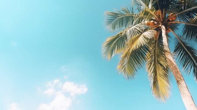Coconut palm tree on blue sky background - vintage filter effect