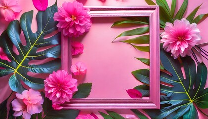 pink frame, Assorted pink flower border on pink background, abstract neon light leaves, a textured tropical leaf background, flat lay with copy space for text, pink flowers frame