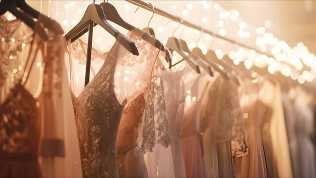 Closeup of a rack of couture dresses in a fashion designers studio, each delicately embellished with unique details.
