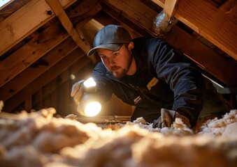 Comprehensive Home Inspection: Technician Assessing Insulation, Wiring, and Safety in Cramped Attic Space | Stock Photo