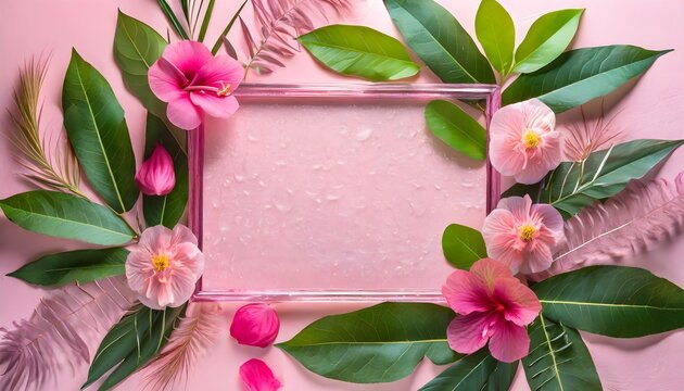 frame with flowers, pink frame, abstract glass leaves, a textured tropical leaf background, flat lay with copy space for text  Assorted pink flower border on pink background, 