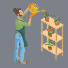 A young man in a greenhouse worker takes care of plants on a rack. A guy waters flowers from a watering can. Isometric people. Flower shop seller, florist. 3D Isometric vector illustration.