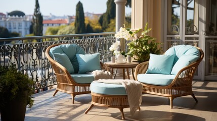 Elegantly designed balcony with rattan outdoor furniture, bright pillows and plants
