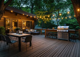 Inviting Backyard Deck with BBQ Grill, Outdoor Dining Set, and String Lights: Perfect for Relaxing and Entertaining Outdoors