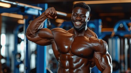 Fototapeta na wymiar A strong man in a gym, grinning with confidence and flexing his biceps