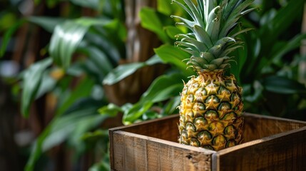  a close up of a pineapple in a wooden box with plants in the backgrounge behind it.