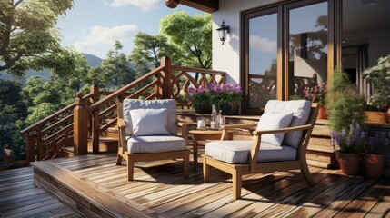 Fototapeta premium Elegant wooden house terrace with balcony or terrace doors, furniture on a sunny day