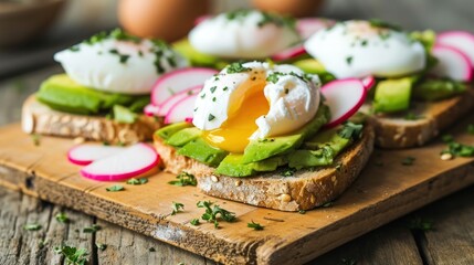  a wooden cutting board topped with a cut in half sandwich covered in avocado, eggs and sliced radishes.