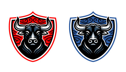 bull head logo on shield (red, blue)