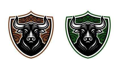 bull head logo on shield (brown, green )